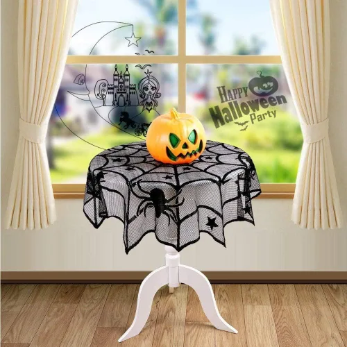 Vista 9 de Orgrimmar El juego de 35 decoraciones de Halloween incluye camino de mesa de telaraña de encaje, cubierta de mesa redonda de encaje, cubierta