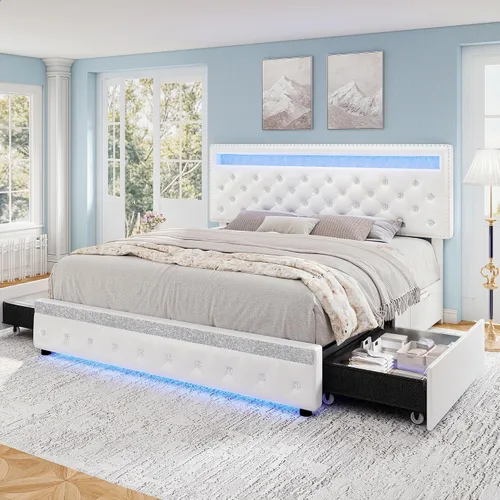 Vista 10 de Torana Marco de cama LED completo con cabecero y cajones ajustables, terciopelo crema Beige