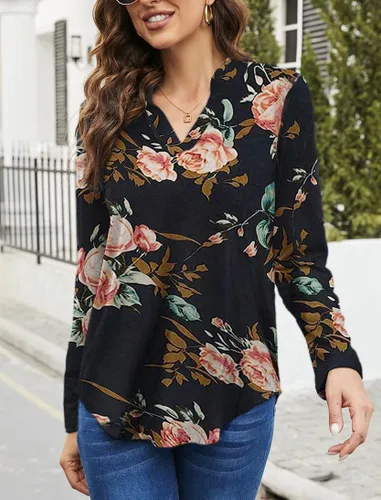 Vista 3 de Halife - Blusa tipo túnica para mujer, mangas 34 enrollables, cuello en V, estampado floral