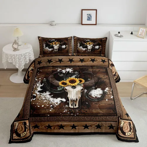 Vista 4 de Juego de edredón de calavera de vaca para niños, tamaño individual, juego de ropa de cama de herraduras de vaquero occidental, Texas Star