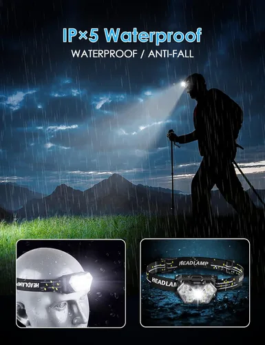 Vista 5 de Linterna frontal de 9 LED, 2000 lúmenes, lámpara de cabeza súper brillante con 6 modos, luz de cabeza impermeable IPX5, linterna de cabeza ligera
