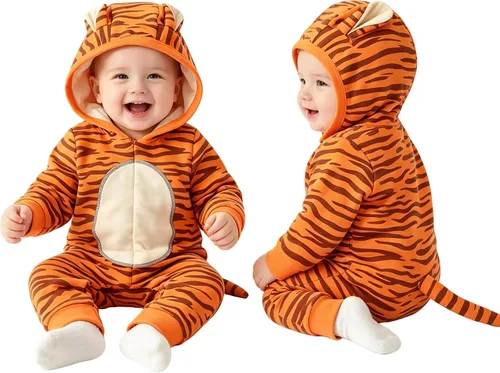 Vista 10 de AGQT Disfraz de tigre de bebé de una pieza con capucha para Halloween, talla 0-24 meses 7277z12# Disfraz de dinosaurio verde
