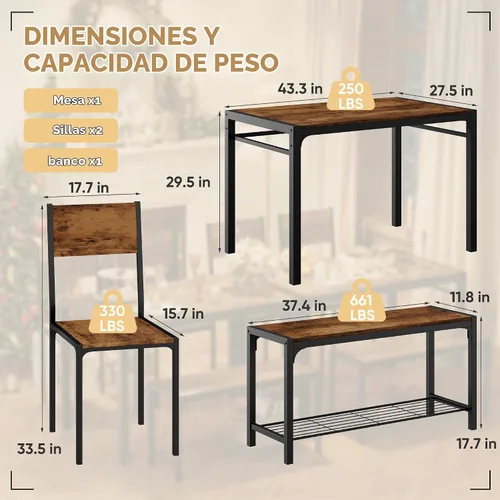 Vista 5 de Shahoo Mesa de cocina y 2 sillas para 4 personas con banco, juegos de comedor de 4 piezas para espacios pequeños, color marrón