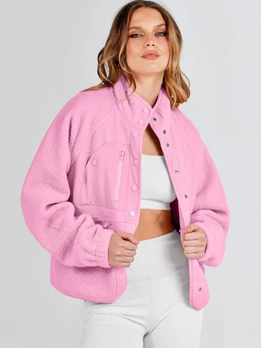 Vista 2 de ANRABESS Chaqueta de forro polar para mujer, con botones, informal, sherpa, recortada, abrigo, abrigo, con bolsillos