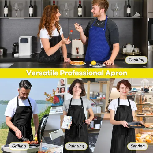 Vista 6 de ROTANET Delantal elástico a rayas para hombres y mujeres, chef, grande y alto, delantales grandes a rayas con bolsillos para cocina, impermeables