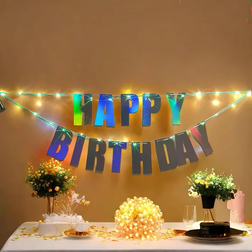 Vista 8 de Cartel de cumpleaños LED impermeable de 13 pies, letras iridiscentes premontadas con 2 cuerdas para colgar, funciona con pilas, no necesita
