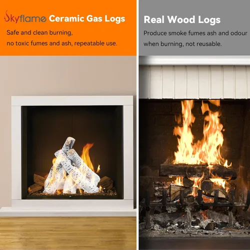 Vista 10 de Skyflame - 6 troncos de madera de abedul blanco de cerámica para chimenea Juego de troncos de chimenea de gas, inserciones de gas