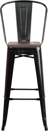 Vista 6 de Merrick Lane Amsterdam Taburete de bar – Silla de bar de metal negro antiguo con asiento de madera – Taburete de cocina con respaldo curvado