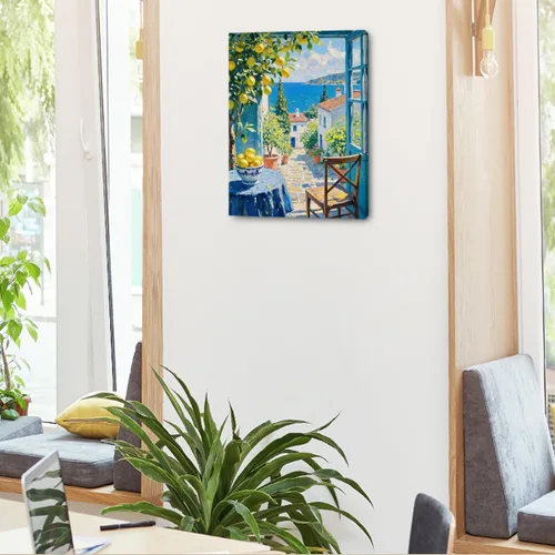 Vista 5 de Arte de pared de la costa de Italia, pintura de acuarela de paisaje natural, lienzo enmarcado decoración moderna del hogar, impresiones de limón