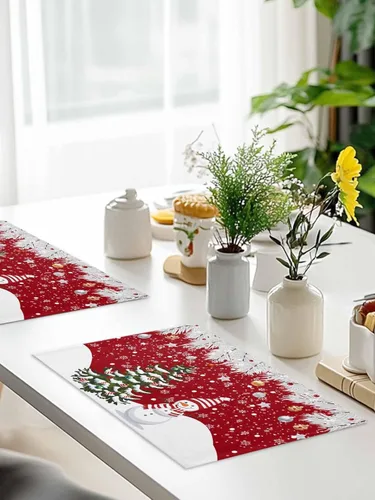 Vista 9 de Juego de 6 manteles individuales de Navidad, árbol de Navidad, muñeco de nieve, copos de nieve, agujas de pino, manteles individuales rojos