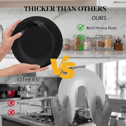 Vista 5 de WELLIFE 100Pcs Black Plastic Plates For Party, Black Disposable Plates Include 50 Dessert Plates and 50 Dinner Plates For Wedding, Birthday