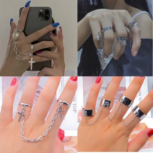 Vista 2 de 17Pcs Adjustable Punk Chain Rings Set Vintage Knuckle Gothic Rings Set Alloy Biker Obsidian Chain Open Rings Stackable Hollow Carved Finger Rings