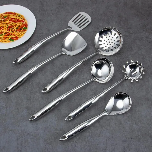 Vista 8 de VALESKA Juego de 6 utensilios de cocina de acero inoxidable, juego de utensilios de cocina de metal, incluye espátula Wok de acero inoxidable