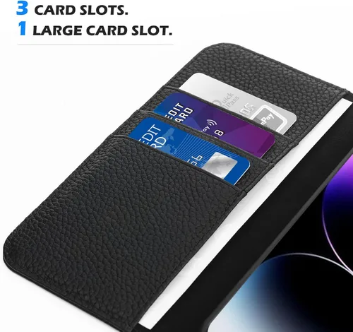 Vista 5 de WALLFID Funda de cuero para iPhone 14 Pro con tarjetero y función de soporte, piel auténtica, antiarañazos (negro)