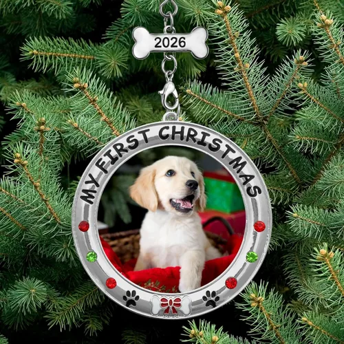 Vista 3 de My First Christmas - Adorno personalizado para foto de perro – 2025 con fecha – Adorno personalizado para cachorro – Joyas, dije de hueso fechado