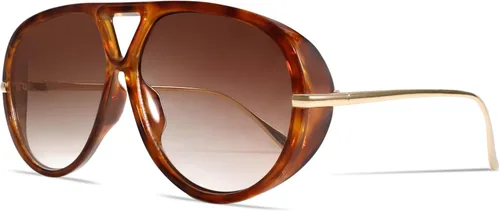 Vista 10 de Lentes de sol estilo aviador retro dorados para mujeres y hombres, 2025 de metal de gran tamaño de los años 70, gafas de sol negras