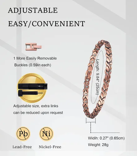 Vista 2 de Tobillera de cobre para mujer, 99.99% de cobre puro con imanes