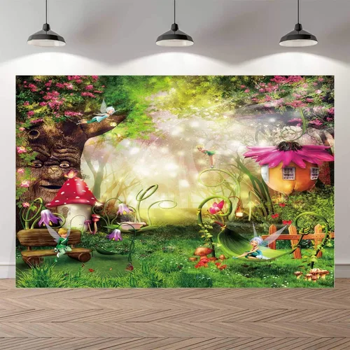 Vista 2 de Fondos de fotografía de bosque de cuentos de hadas de 5 x 3 pies para recién nacidos, fondos de baby shower, estudio fotográfico, setas, elfos