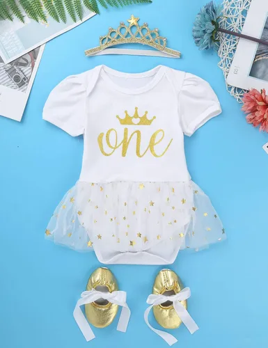 Vista 7 de iEFiEL Conjunto de mameluco para el primer cumpleaños para niñas con falda tutú y diadema, disfraz de princesa