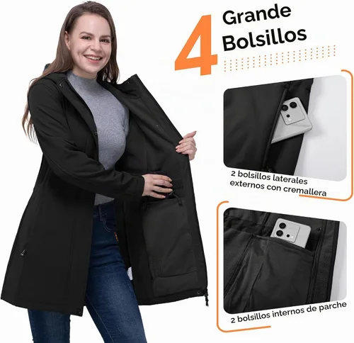 Vista 4 de 33,000ft Chaqueta larga Softshell para mujer con capucha, forro polar, resistente al viento, cálida, impermeable, rompevientos Negro