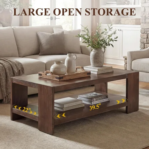 Vista 4 de chairus Mesa auxiliar de 47 pulgadas con almacenamiento de 2 niveles, mesa central rectangular de granja con patas de madera de pino maciza