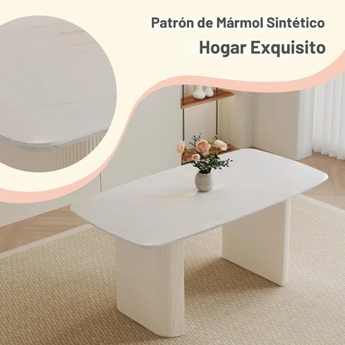 Vista 3 de Ebullient Juego de mesa de comedor blanca de 67 pulgadas para 4, moderno juego de mesa de comedor ovalada con base de pedestal ondulado crema, mesa