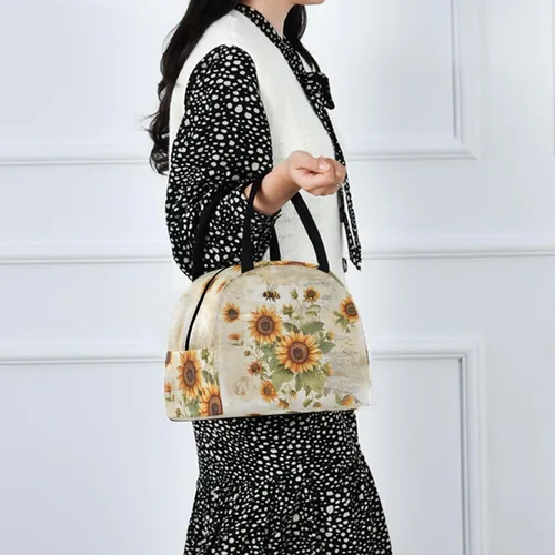 Vista 7 de Bolsa de almuerzo reutilizable con diseño de abejas y flores silvestres rurales, bolsa térmica resistente al agua para hombre y mujer, picnic