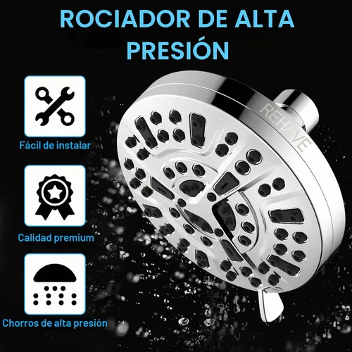 Vista 4 de Cabezal de ducha de lluvia de 5.1 pulgadas con 63 chorros, 8 modos de pulverización, acabado cromado, ángulo de latón ajustable, boquillas