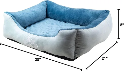 Vista 10 de Happycare Textiles - Cama para perro rectangular larga para mascotas con bordado de huella de perro, tamaño mediano, Azul con inserto ortopédico.