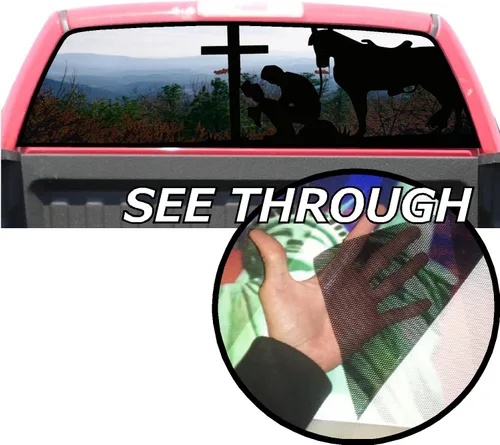 Vista 3 de GRAPHIX EXPRESS P51 - Gráficos de ventana trasera de camión de vaquero rezando, envoltura de vinilo universal transparente para ventana trasera