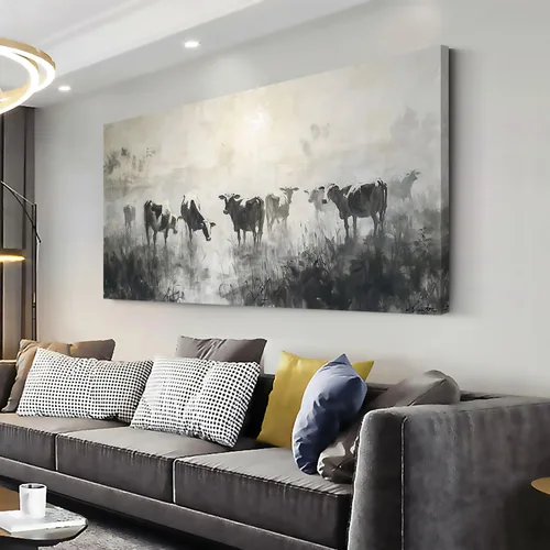 Vista 19 de LASMOND Arte de pared abstracto moderno de árbol para sala de estar, pintura en lienzo en blanco y negro, arte de pared grande de paisaje natural