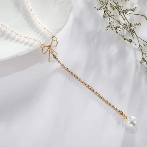 Vista 7 de Collares para mujer, collar de perlas de oro rosa, collar de perlas de moda simple lazo clavícula colgante collares y colgantes (oro, talla única)