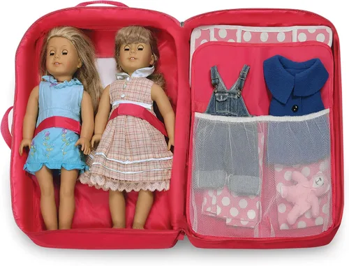 Vista 7 de Badger Basket Estuche de viaje doble para muñecas, se adapta a muñecas de 18 pulgadas, incluye 2 camas para muñecas, mantas, compartimentos