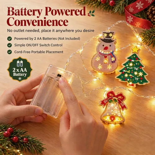 Vista 6 de Guirnalda de 10 luces LED para decoración de árbol de Navidad, Papá Noel, bastón de caramelo, muñeco de nieve, funciona con pilas, para dormitorio