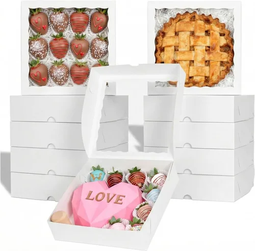 Vista 11 de TEMLQPACK 6 piezas cajas de panadería marrones de 10 x 10 x 2.5 pulgadas con ventana, tartas, galletas, fresas cubiertas de chocolate, corazón