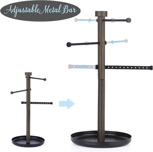 Vista 4 de SRIWATANA Soporte para joyas, organizador de árbol de joyería de 3 niveles de madera para aretes, pulsera, collar, colgante con barra de metal móvil