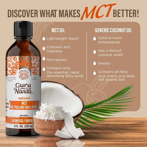 Vista 8 de GuruNanda MCT Oil Pulling - Enjuague bucal para un cuidado bucal suave y natural, extractos de aceite de coco puro, sin sabor, inodoro e incoloro