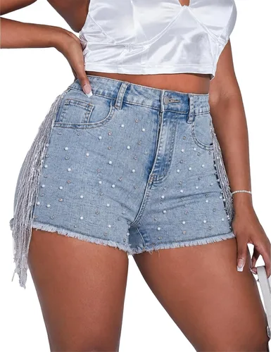 Vista 11 de LifeShe Pantalones cortos de mezclilla para mujer con cuentas de perlas de diamantes de imitación