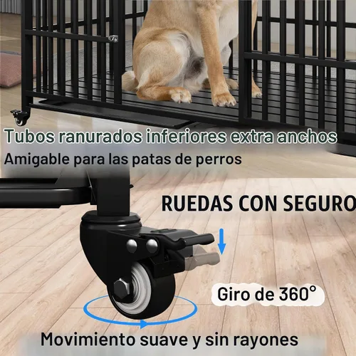Vista 4 de Jaula resistente para perros de 58 pulgadas, jaula para mascotas duradera con techo, 2 puertas, bandejas extraíbles, ruedas con cerradura a prueba