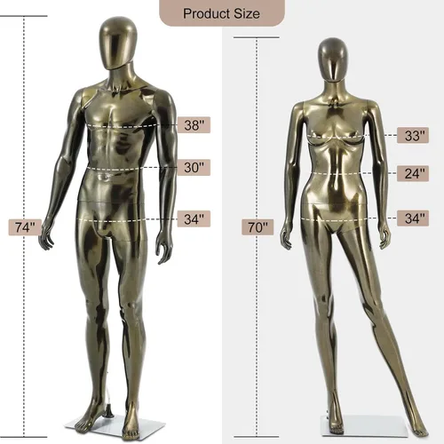Vista 2 de Maniquí masculino y femenino de cuerpo completo de bronce, 2 piezas de maniquíes ajustables soporte de maniquíes realistas juego de exhibición