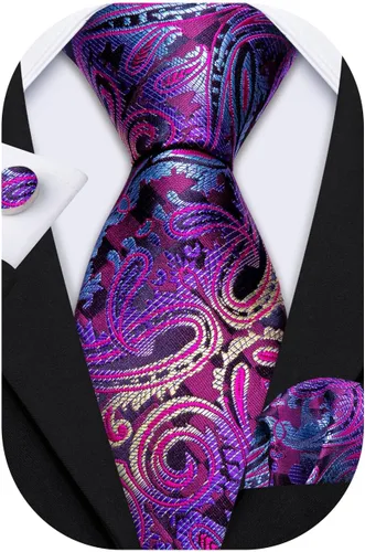 Vista 32 de Barry.Wang - Juego de corbata de seda para hombre, diseño de cachemira, pañuelo y gemelos de bolsillo