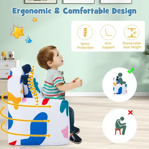 Vista 4 de HONEY JOY Sofá para niños pequeños, silla en forma de corona con almohada adicional, cómodos muebles de sala de juegos para niños con funda