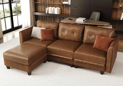 Vista 3 de LLappuil Sofá modular de cuero marrón Sofá seccional con almacenamiento