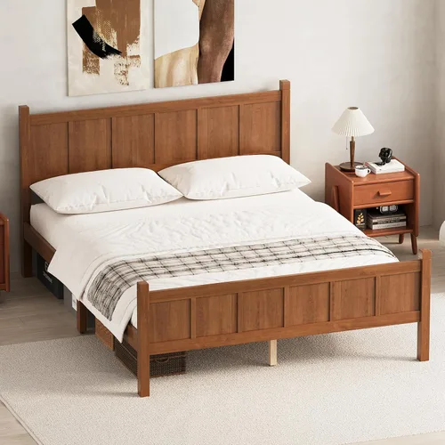 Vista 11 de Bellemave Cama de panel plano de tamaño individual con cabecero y estribo, cama de plataforma minimalista y moderna con acabado de grano de madera