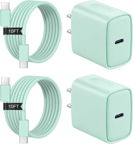 Vista 8 de Cargador de carga rápida para iPhone 17, 16, 15, paquete de 2+2 cargadores de pared USB C de 20 W con cable de carga rápida de 6 pies compatible