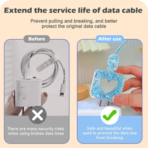 Vista 4 de Bling - Protector de cable para Apple iPhone con espejo, bonito diseño de corazón de amor, funda USB para línea de datos, protector de cargador