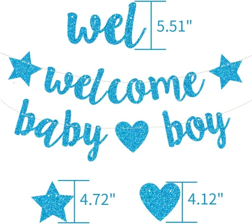 Vista 6 de Decoraciones de baby shower para niños, pancarta de bienvenida con purpurina, banderines colgantes para fiesta de cumpleaños de recién nacidos, Azul