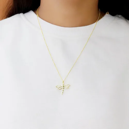 Vista 5 de Collar con dije de insecto de libélula, joyería para mujer en oro de 14 quilates sobre plata de ley junto con cadena de plata de 18 pulgadas