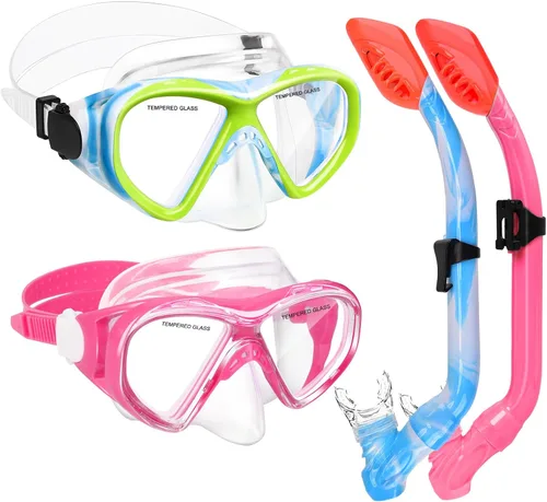 Vista 10 de 2 Sets Snorkeling Gear for Kids, Kids Snorkel Set for Ages 6-14, Dry Top Snorkel Mask Set for Youth Boys Girls Junior, Tempered Glass Diving