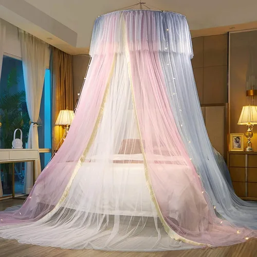 Vista 11 de VETHIN - Dosel de cama de princesa para niñas, cortina de dosel de cama de doble capa con malla transparente, mosquitero de princesa con encaje